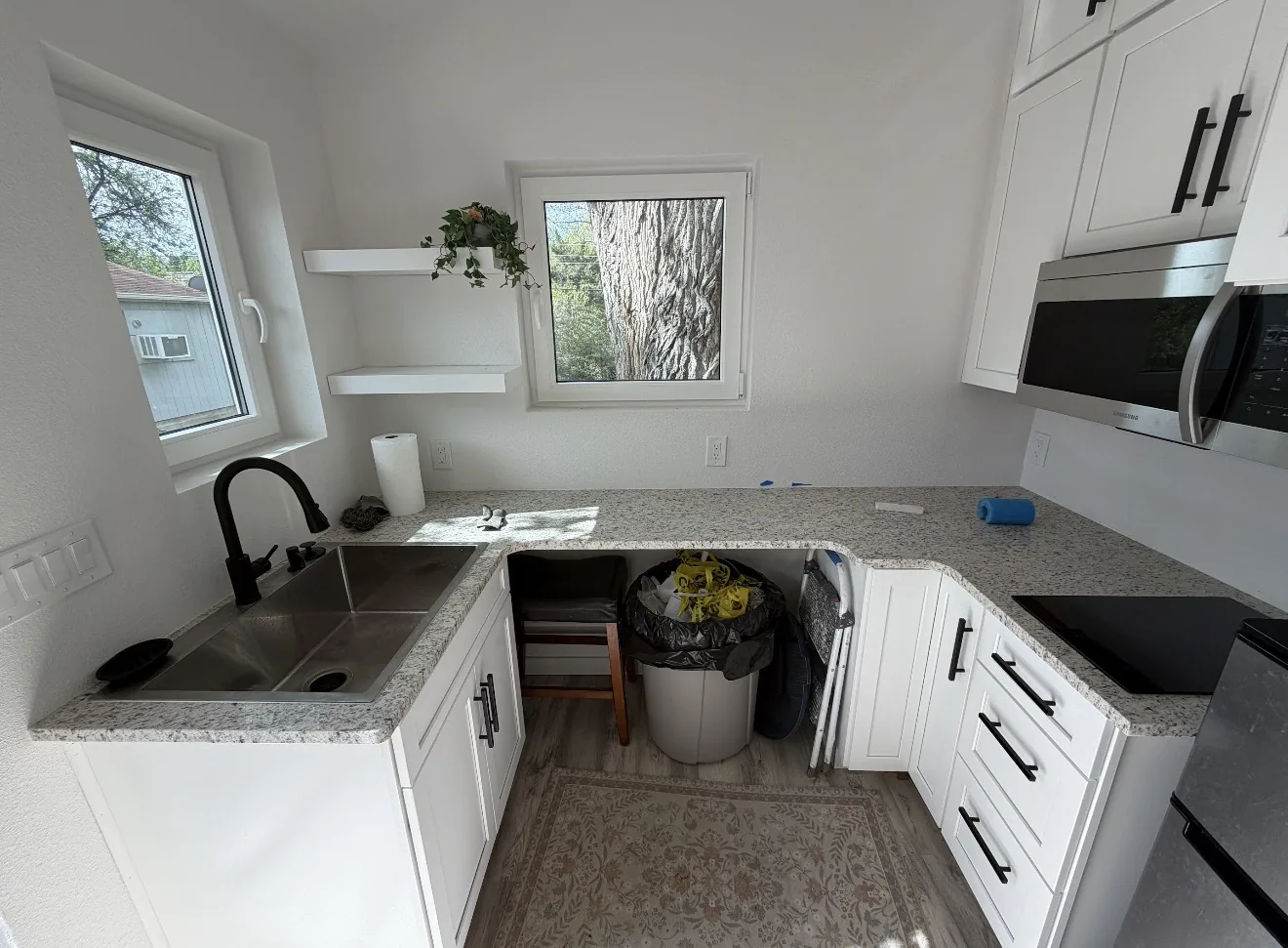 Kitchenette with sink, cabinets, windows, microwave, cooktop, and countertop inside the in-law suite