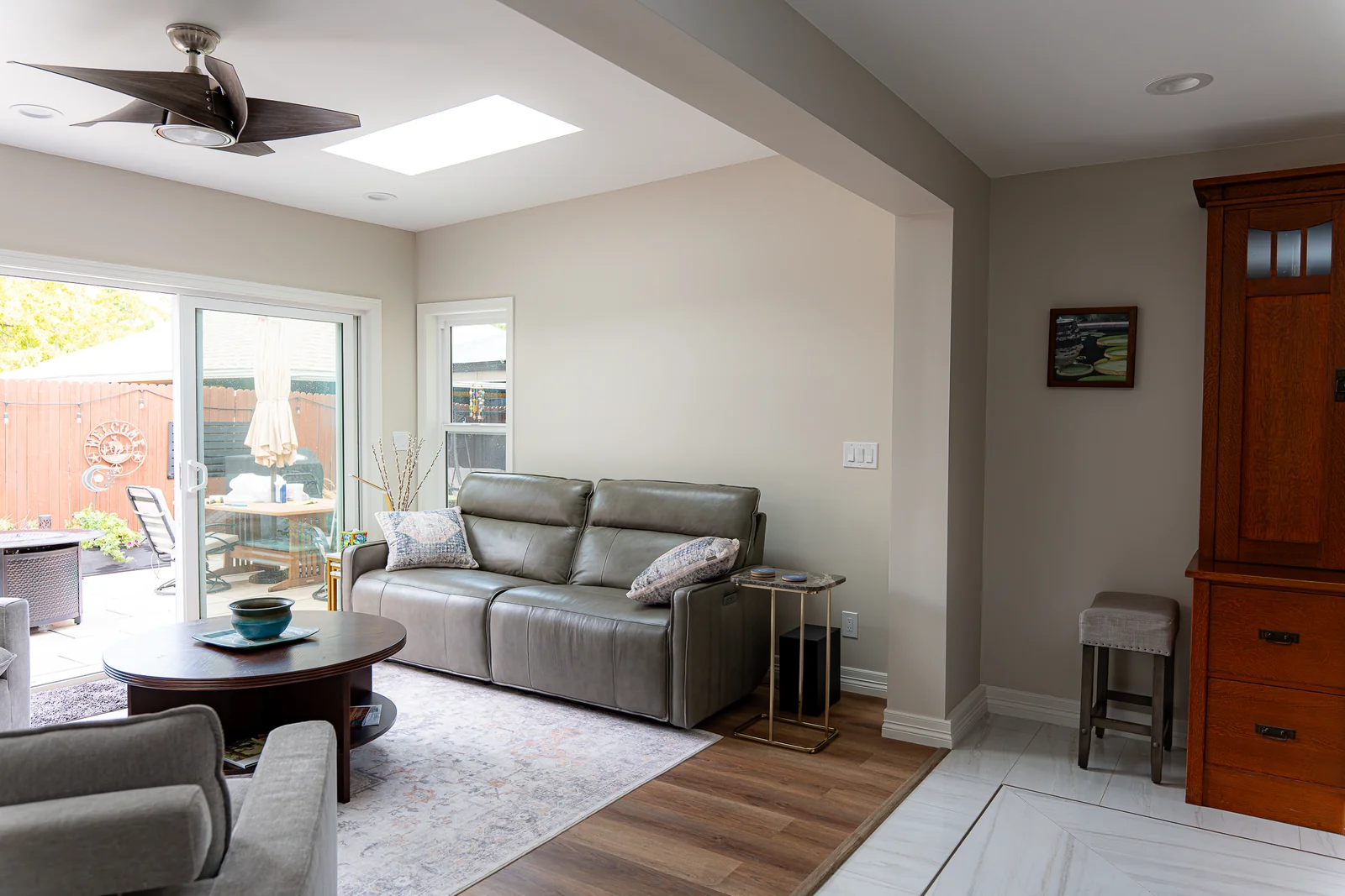 Sunroom seating area with skylights and glass doors facing the backyard