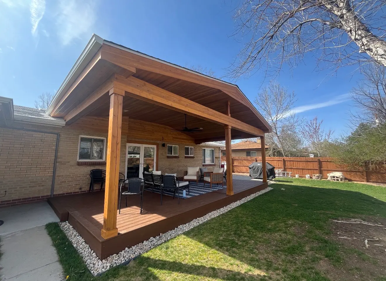 Angled exterior view of cedar roof cover and composite deck in Wheat Ridge, Colorado