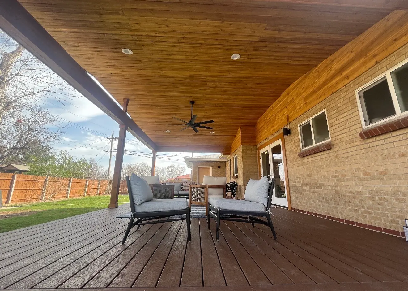 Covered seating area under cedar roof cover in Wheat Ridge, Colorado